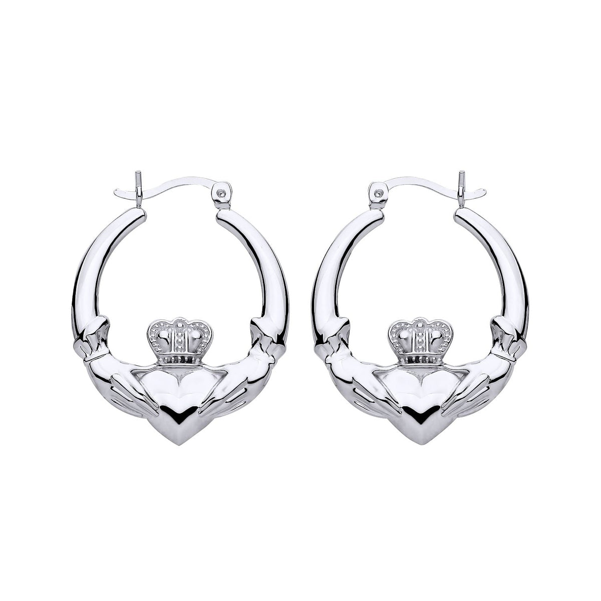Silversmiths 30mm sterling silver Claddagh Creole hoop earrings displayed against a white background.