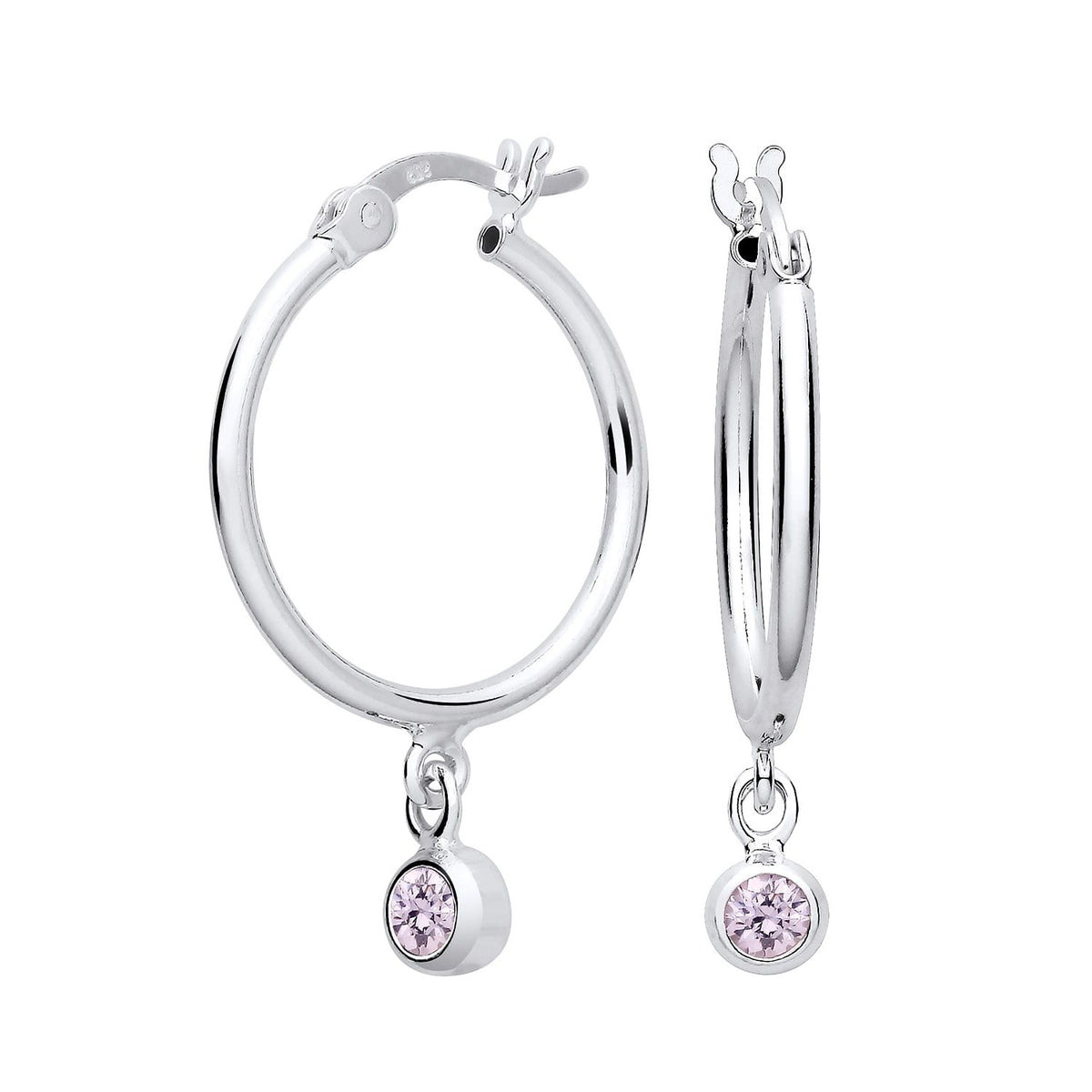 Sterling silver hoop earrings with simulated alexandrite and delicate pink stones by Silversmiths.