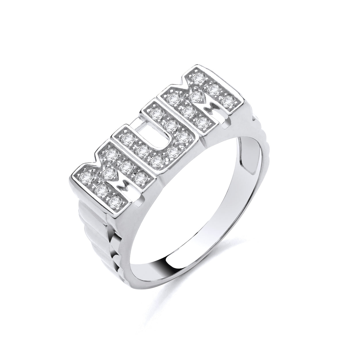 Silversmiths sterling silver ring with cubic zirconia stones and “MUM” design.