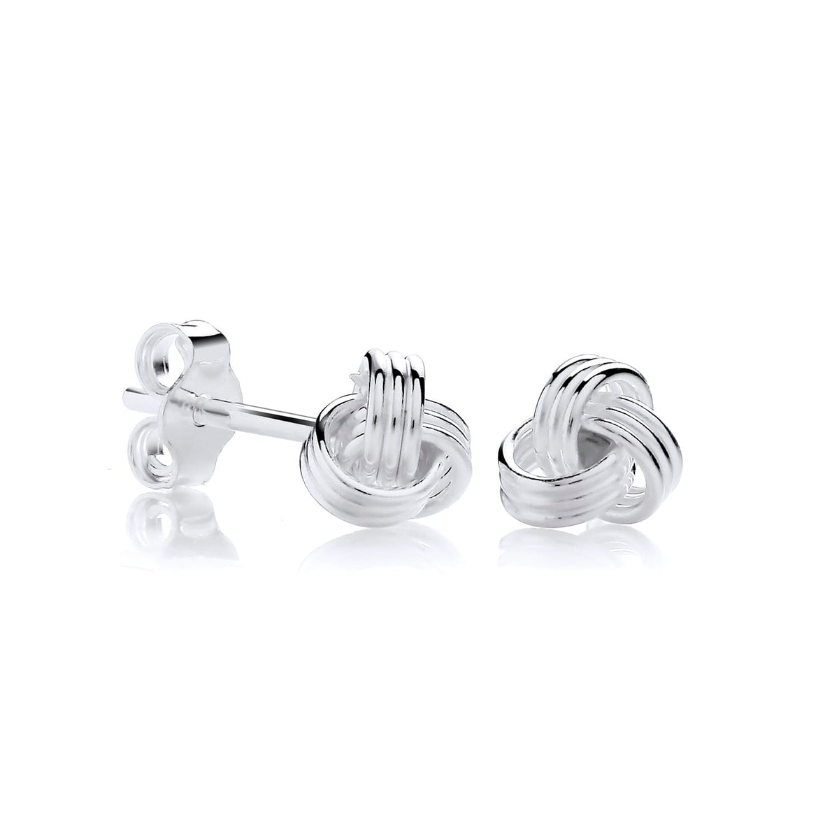 Silversmiths 5.5mm sterling silver knot stud earrings with polished finish shown on a white background.