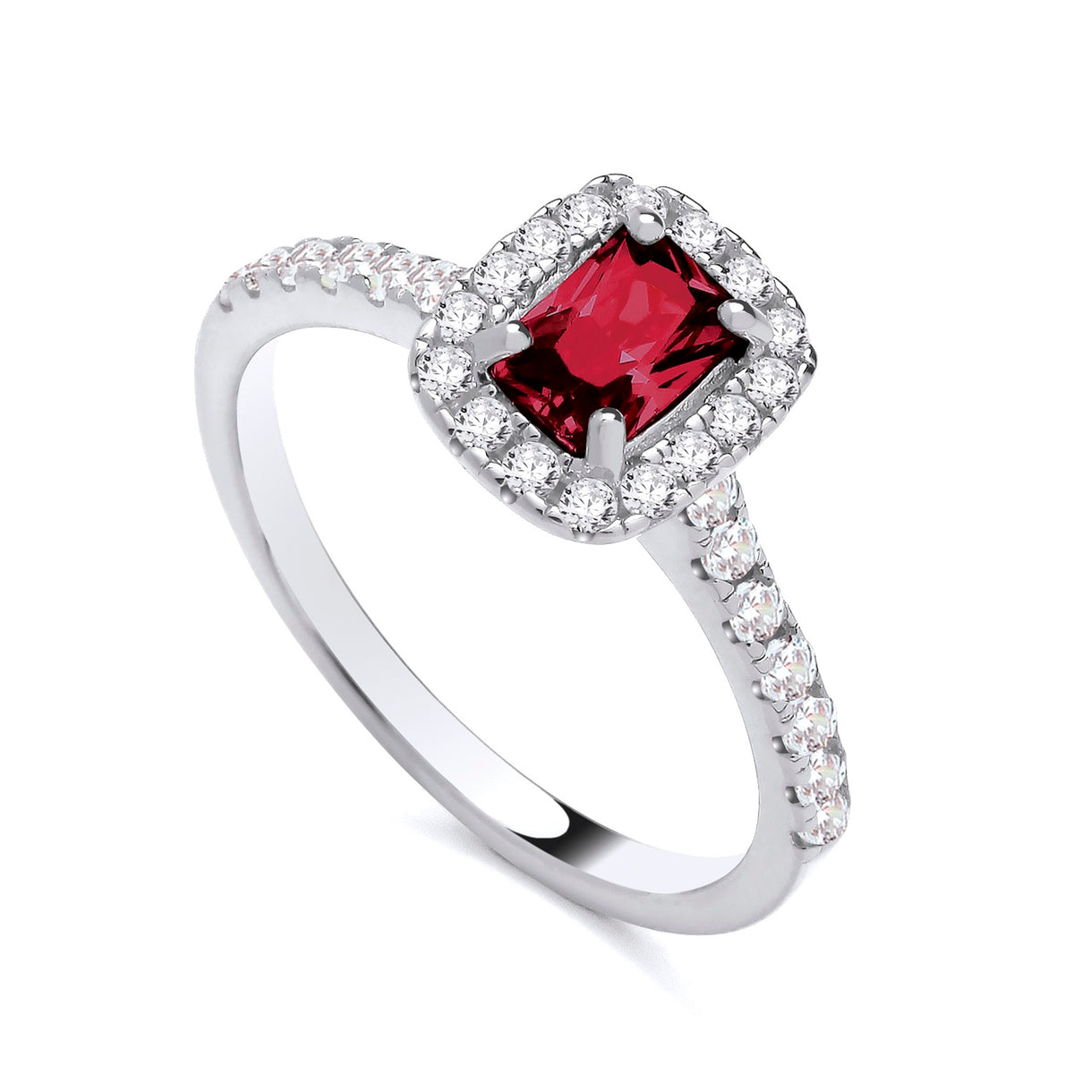 Sterling silver ring with a square simulated ruby center and clear cubic zirconia accents in a halo setting.