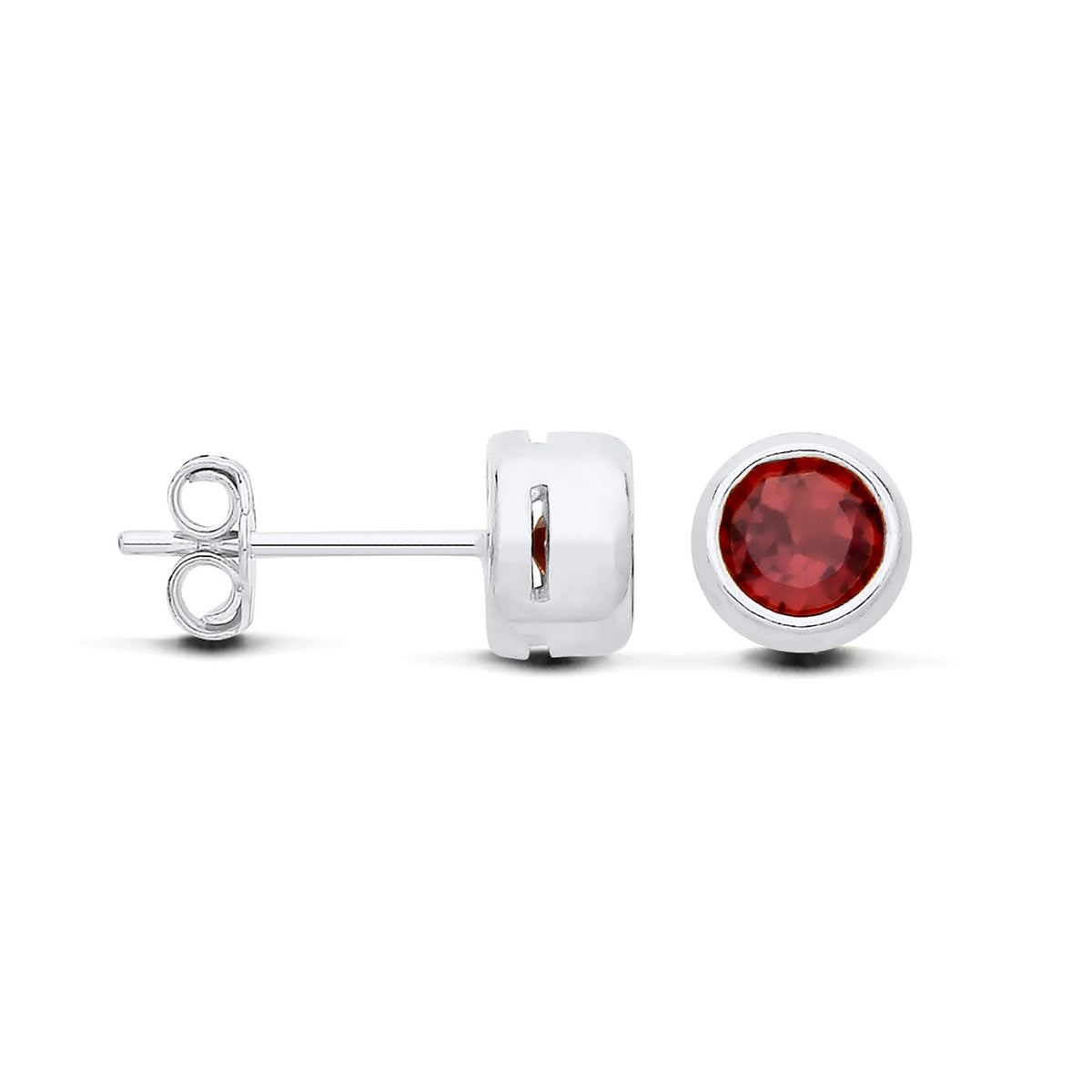 Sterling silver stud earrings with round natural garnets, pictured from the front and side on a white background.