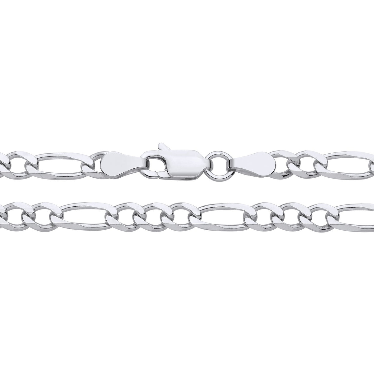 A 4mm sterling silver Figaro chain necklace with a lobster clasp is displayed against a white background.