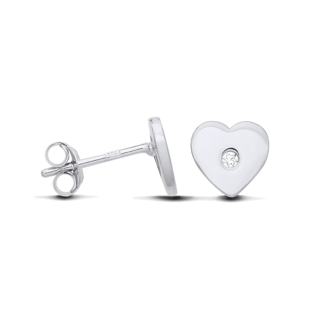 Sterling silver heart stud earrings from Silversmiths have a single cubic zirconia set at each center.