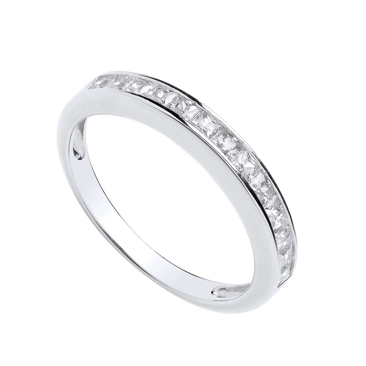 Silversmiths sterling silver eternity ring with channel-set, clear square-cut cubic zirconia stones.