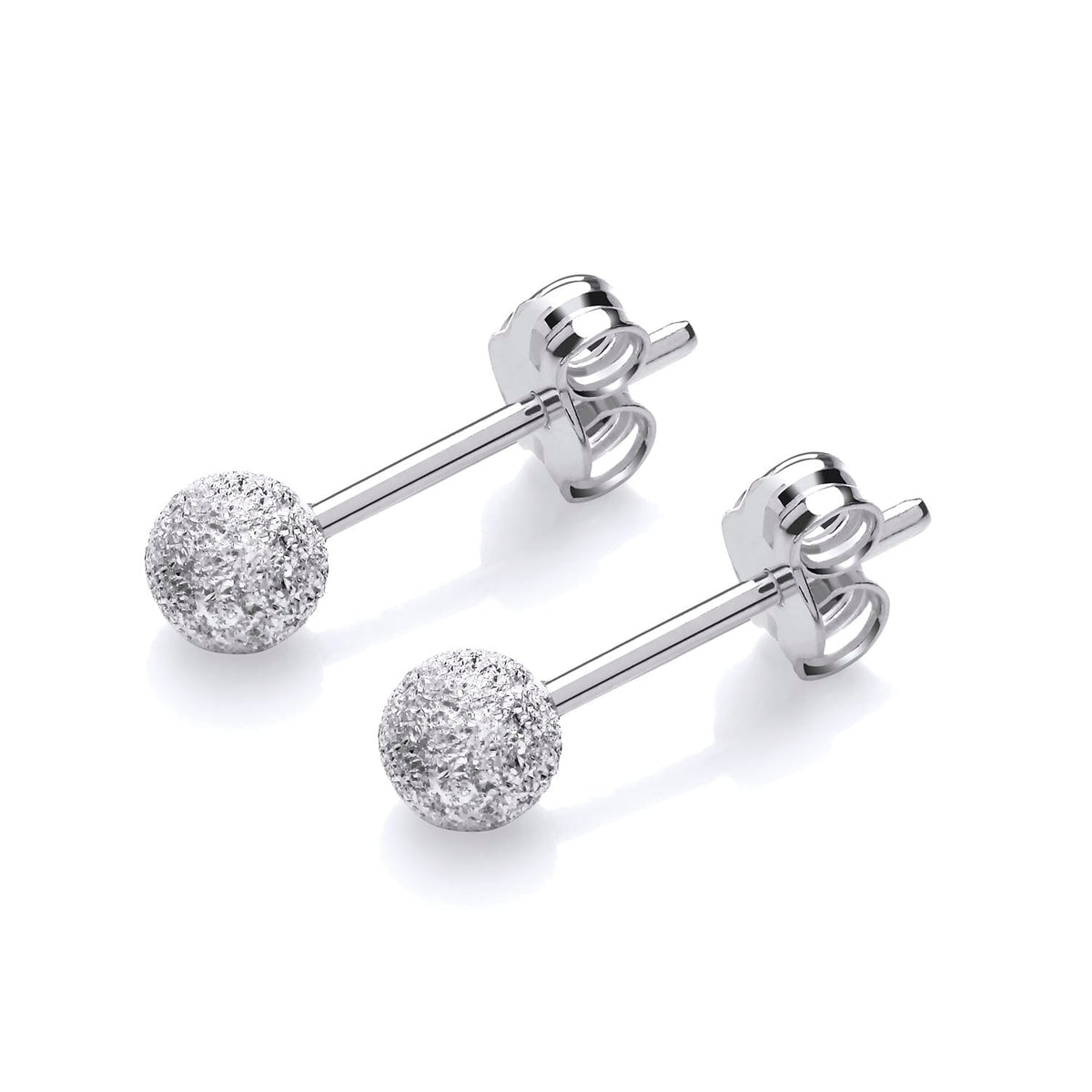 Sterling silver 4mm frosted ball stud earrings with butterfly backs displayed on a plain white background.