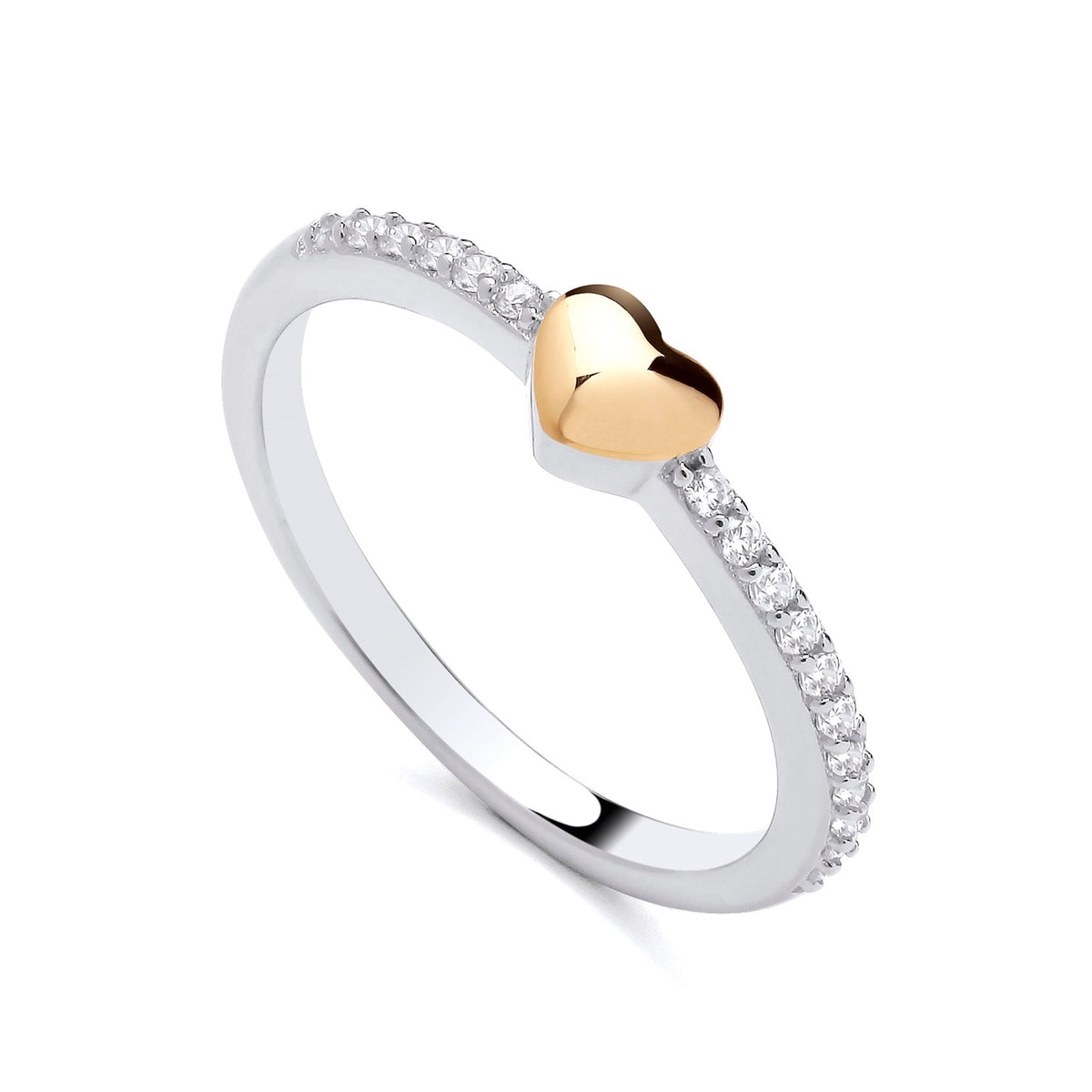 A gold plated sterling silver ring featuring a heart center and cubic zirconia pavé stones along the shank.
