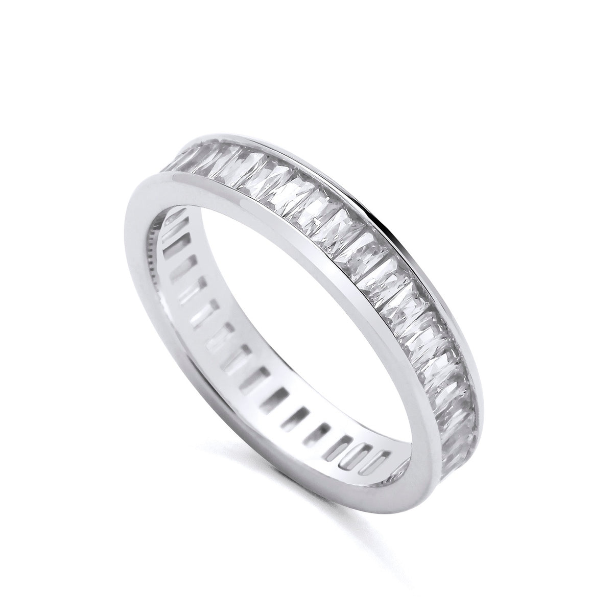Silversmiths sterling silver eternity ring with 4.4mm baguette-cut cubic zirconia, displayed on a white background.
