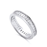 Silversmiths sterling silver eternity ring with 4.4mm baguette-cut cubic zirconia, displayed on a white background.