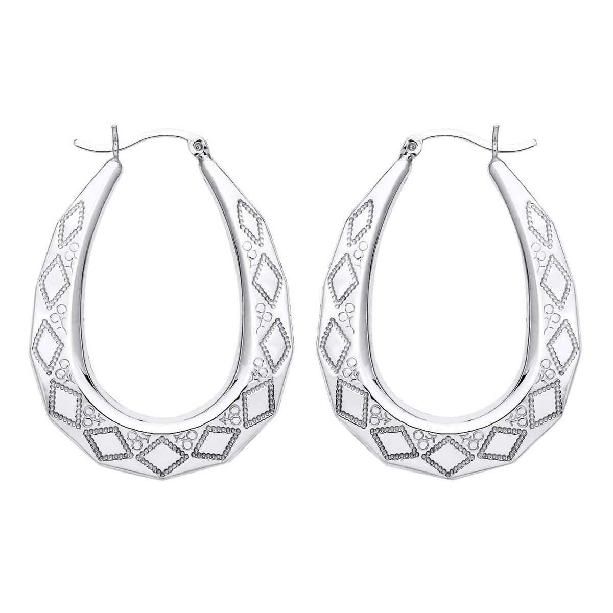Silversmiths 40mm sterling silver oval Creole earrings feature diamond-cut and engraved detailing.