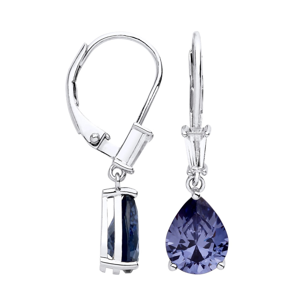 Silversmiths sterling silver earrings with simulated tanzanite stones, shown in both front and side views.