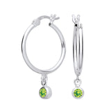 Sterling silver hoop earrings with simulated peridot green gemstone charms from Silversmiths.