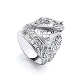 Sterling silver 23mm men’s saddle ring with swirl patterns and a snake motif, shown on a white background.