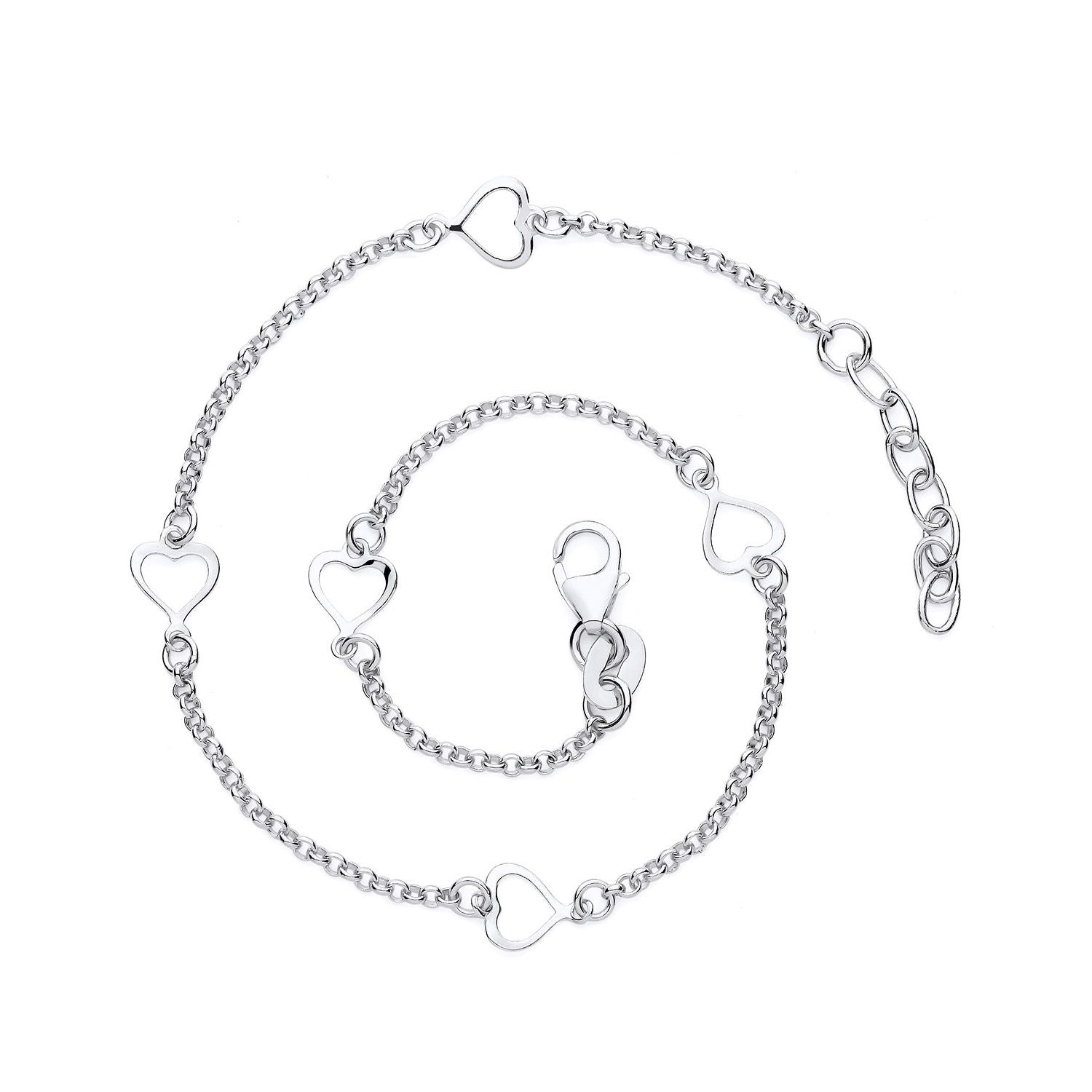 A silver chain bracelet with multiple heart-shaped charms and a lobster clasp, displayed on a clean white background.