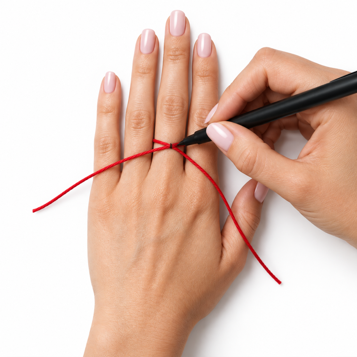 One hand ties a red string around another hand’s finger, which is holding a black pen on a white background.