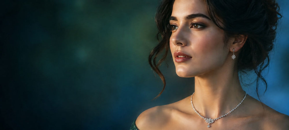 A woman with dark hair wears a necklace and earrings, looking sideways in front of a dark, blurred gemstone-like background.