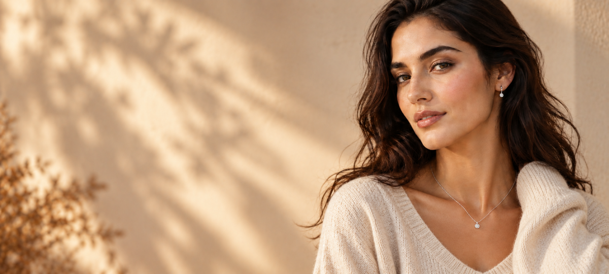 A woman with long dark hair wears a cream sweater and jewelry, posing in front of a beige wall with soft shadows.