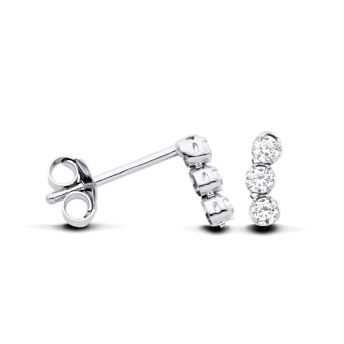Sterling silver stud earrings each feature three cubic zirconia stones set in a vertical line.