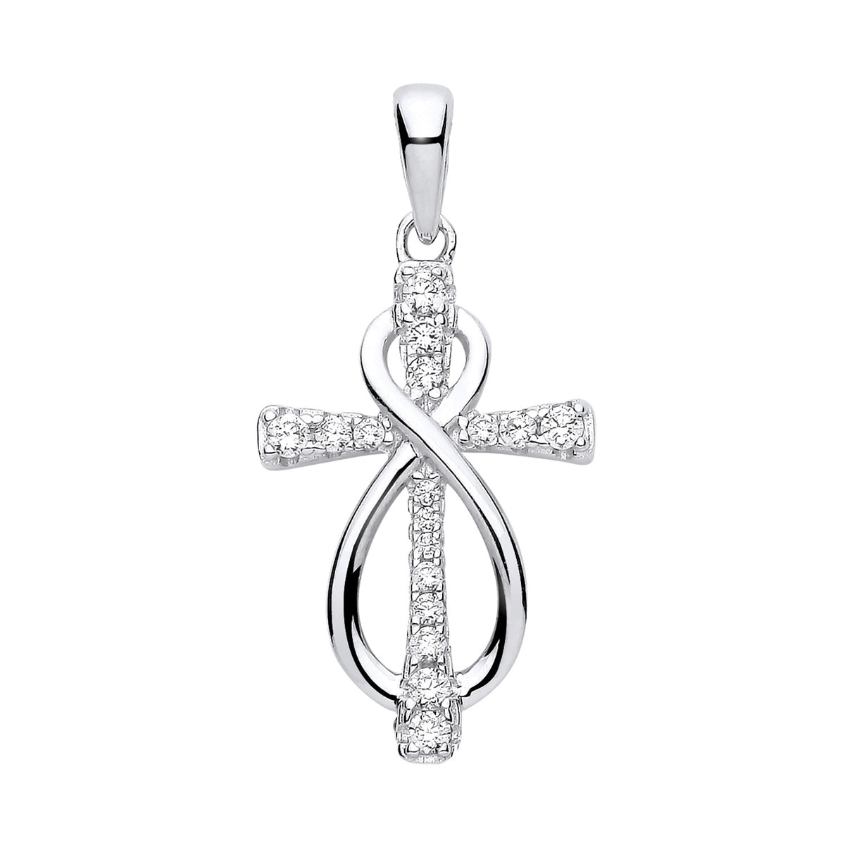 Silversmiths sterling silver infinity cross pendant with cubic zirconia displayed on a plain white background.