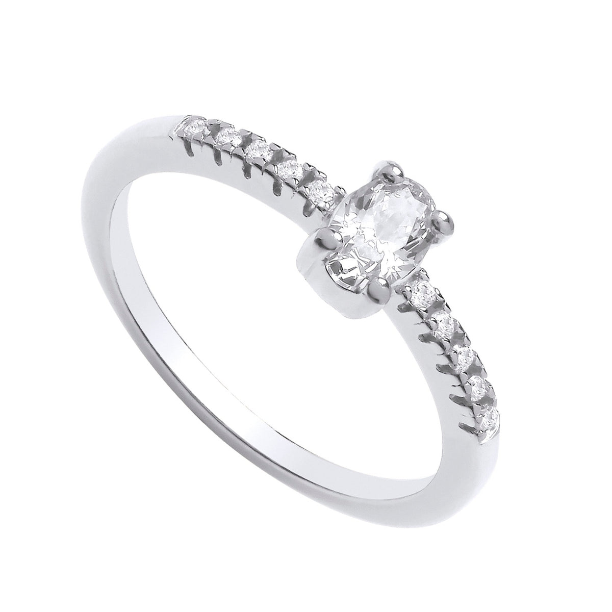Sterling silver ring by Silversmiths featuring an oval cubic zirconia solitaire and accent stones along the band.