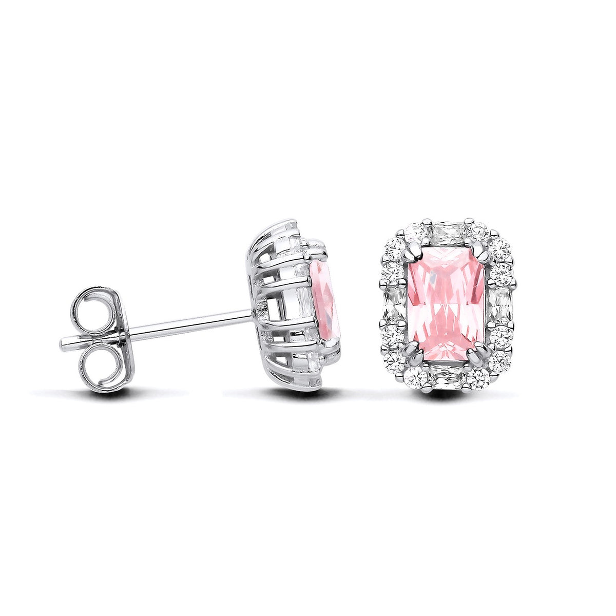Front and side views of sterling silver stud earrings with simulated pink sapphires in a halo setting.