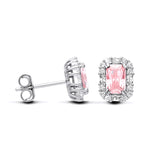 Front and side views of sterling silver stud earrings with simulated pink sapphires in a halo setting.