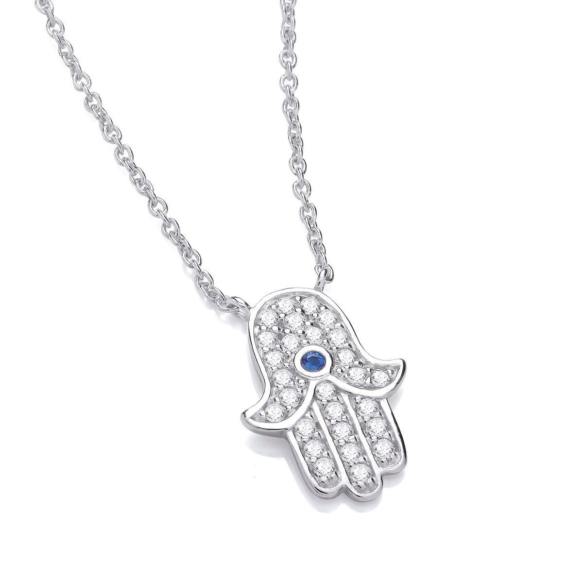 Sterling silver Hamsa hand necklace featuring simulated sapphire and cubic zirconia accents by Silversmiths.