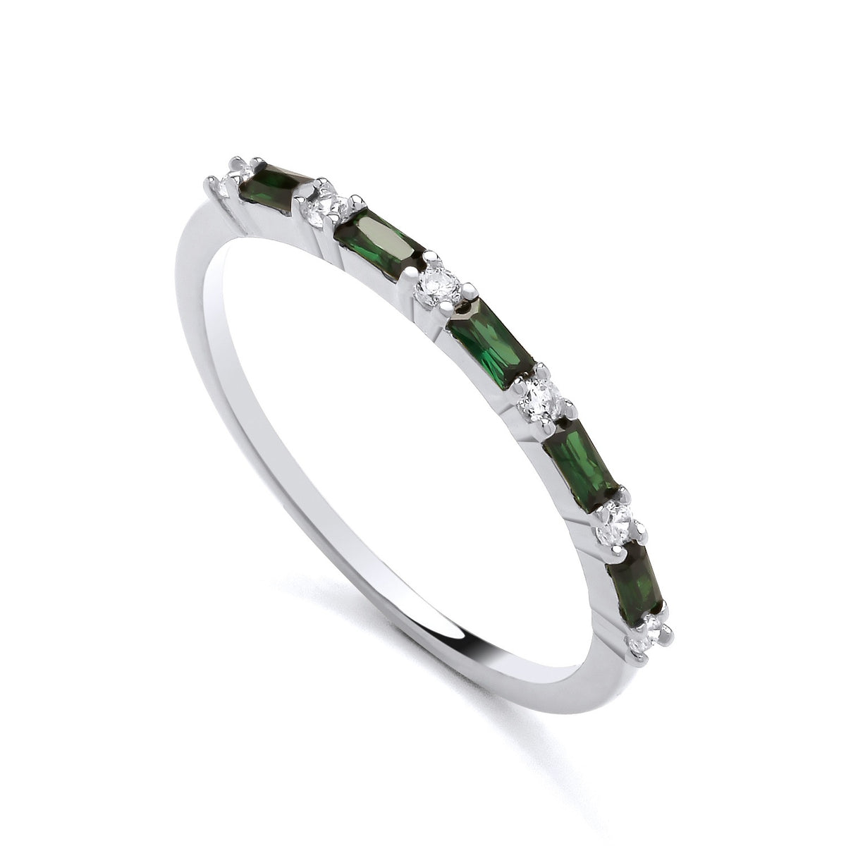 Sterling silver ring featuring alternating simulated emerald and cubic zirconia baguettes around the band.