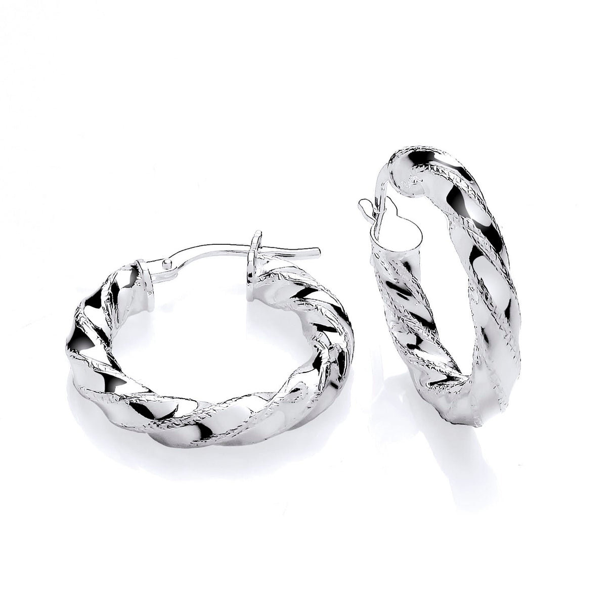 Silversmiths 22mm sterling silver hoop earrings with a diamond-cut twist design displayed on a white background.