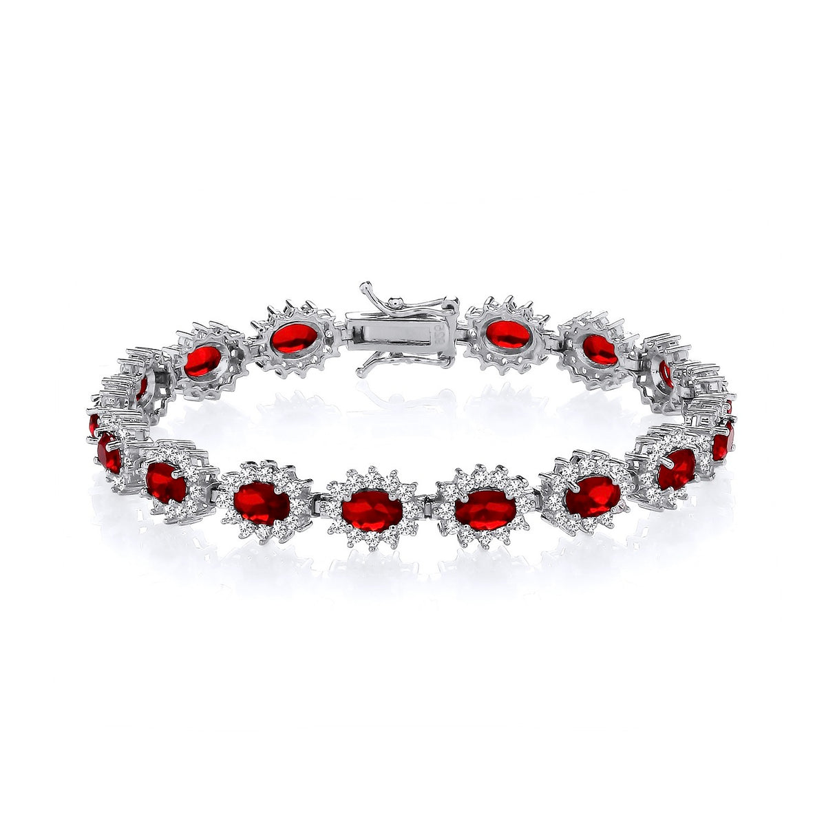 Sterling silver bracelet with simulated ruby oval halos and clear stones in a repeating pattern.