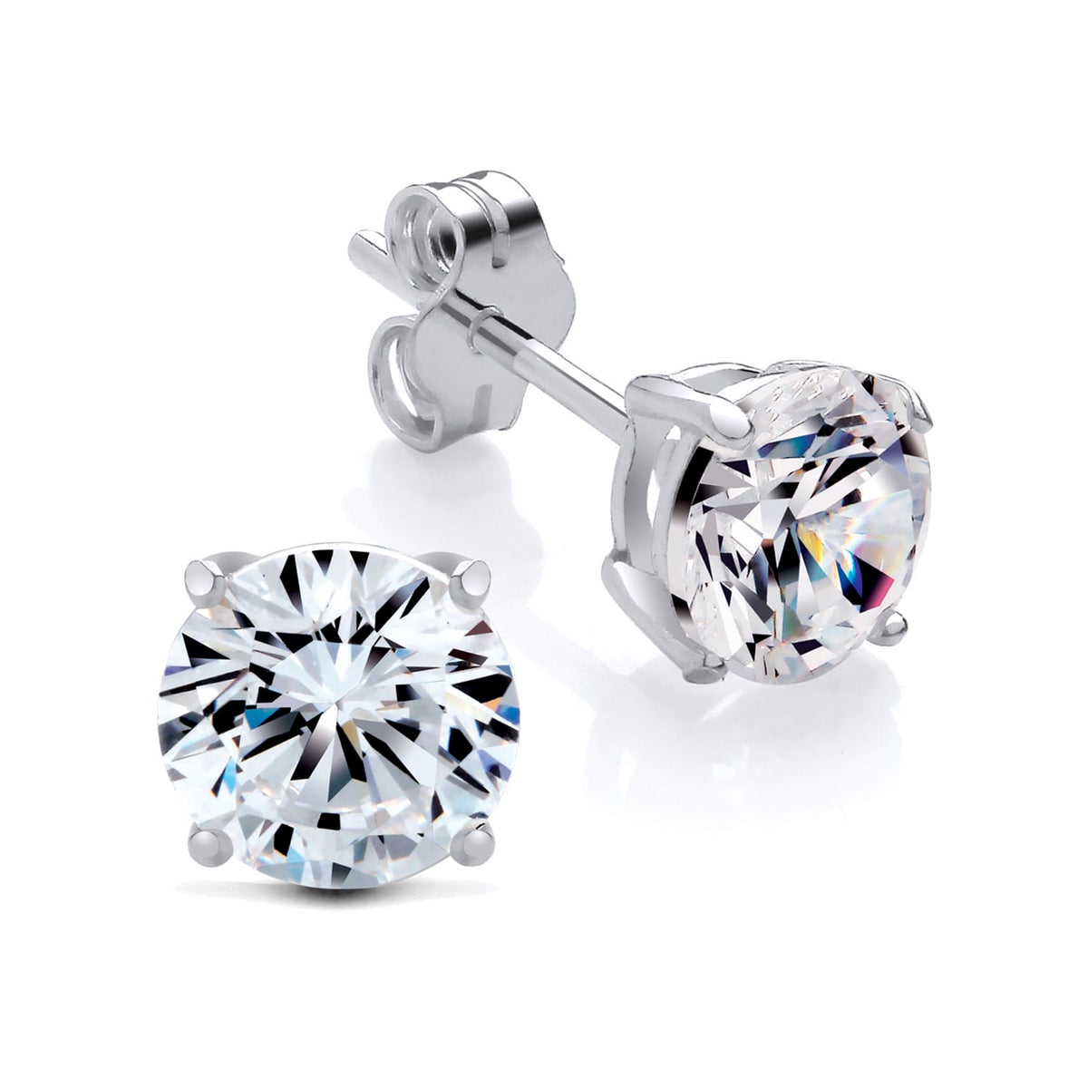 Silversmiths sterling silver stud earrings with 6mm round cubic zirconia and butterfly backs on a white background.