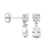 Sterling silver CZ drop earrings by Silversmiths, 14.3mm, with round and pear stones and secure stud backs.