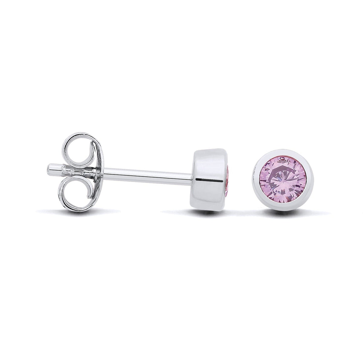 Sterling silver faceted simulated alexandrite bezel stud earrings shown from front and side on a white background.