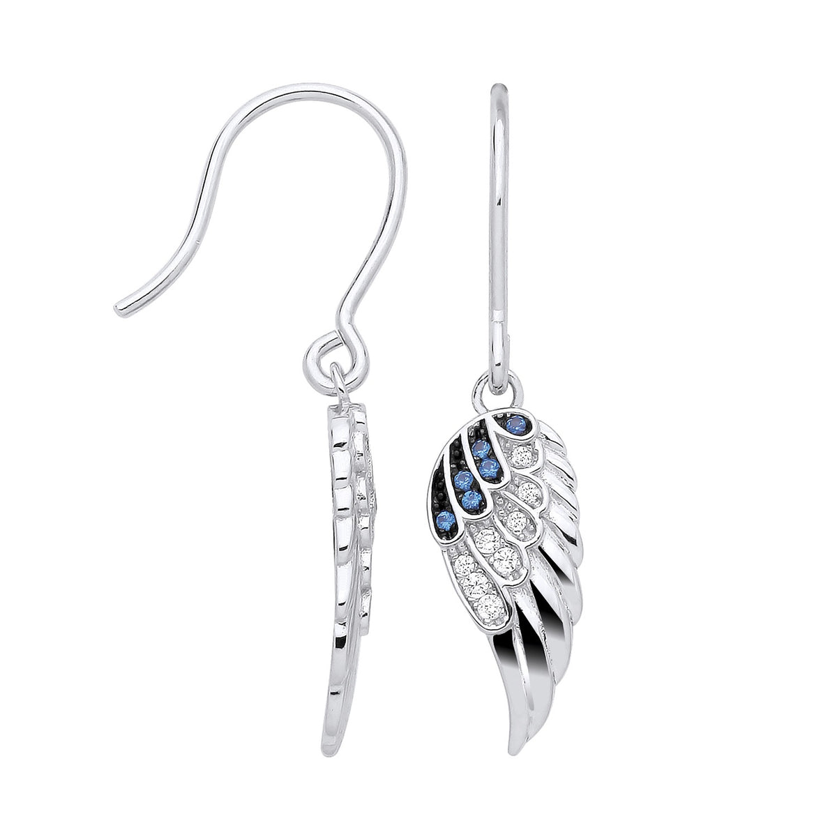 Silversmiths sterling silver angel wing drop earrings with simulated sapphires, shown from the side and front.