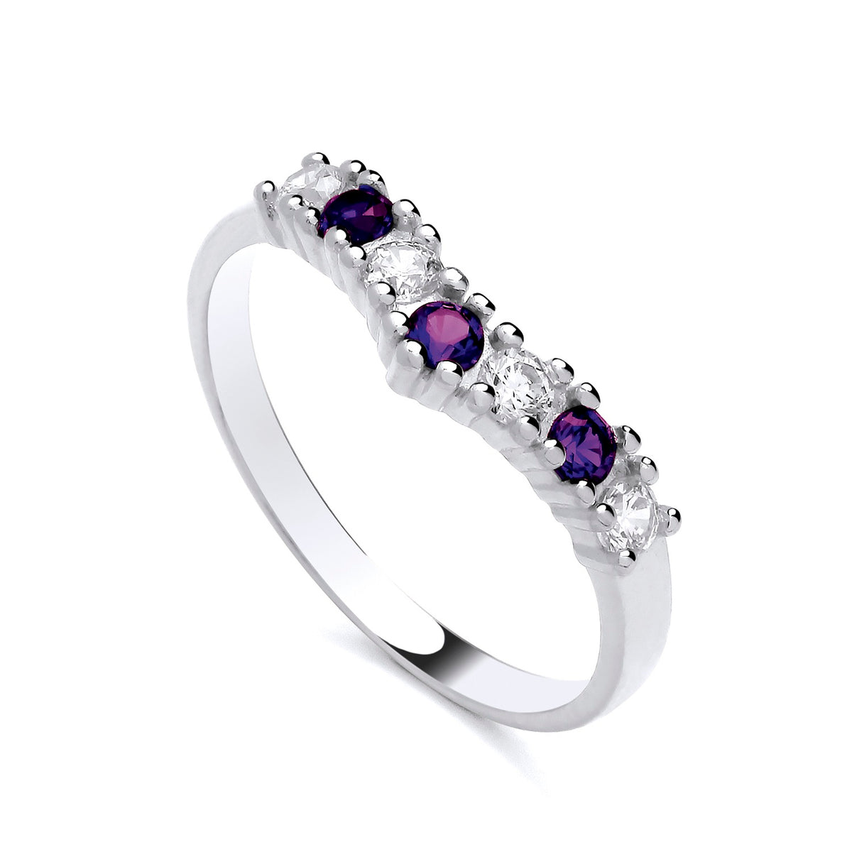 Sterling silver wishbone ring featuring simulated amethyst and cubic zirconia in a slim, modern band design.