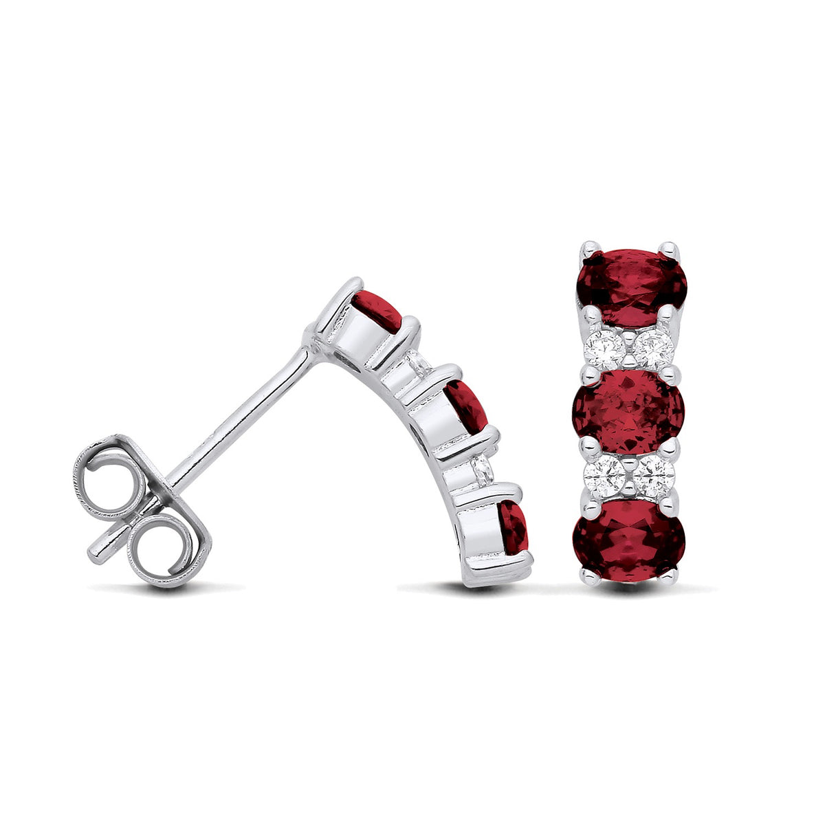 Sterling silver stud earrings featuring three simulated rubies in a drop design with clear accent stones.