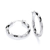 A pair of 25mm sterling silver diamond cut twist hoops, one flat and one upright, on a white background.