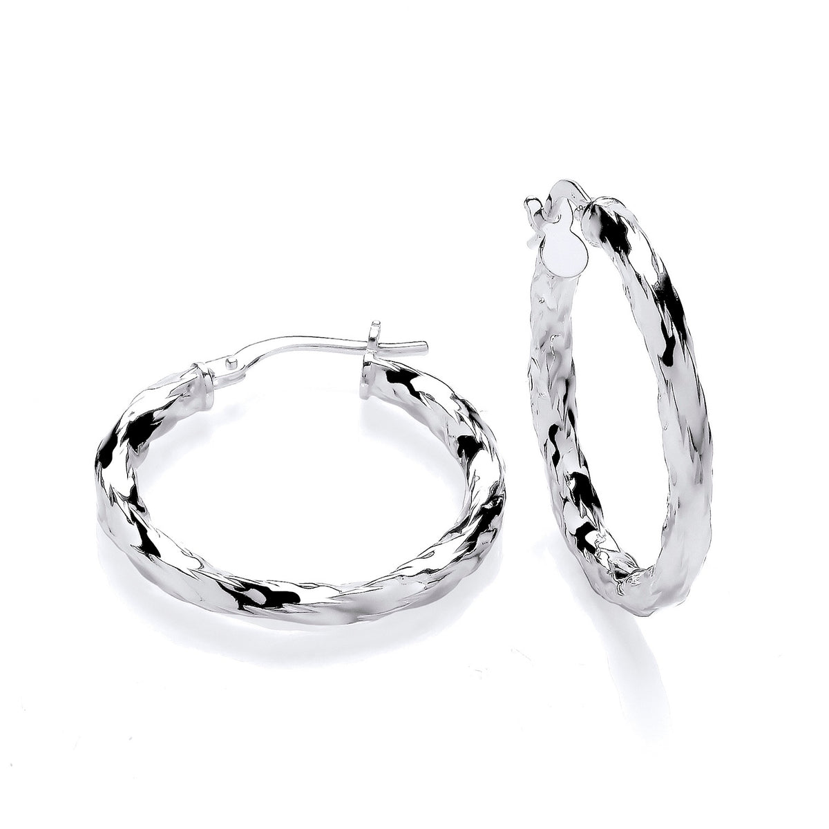 A pair of 25mm sterling silver diamond cut twist hoops, one flat and one upright, on a white background.