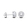 Sterling silver round cubic zirconia halo stud earrings displayed from front and side on a white background.