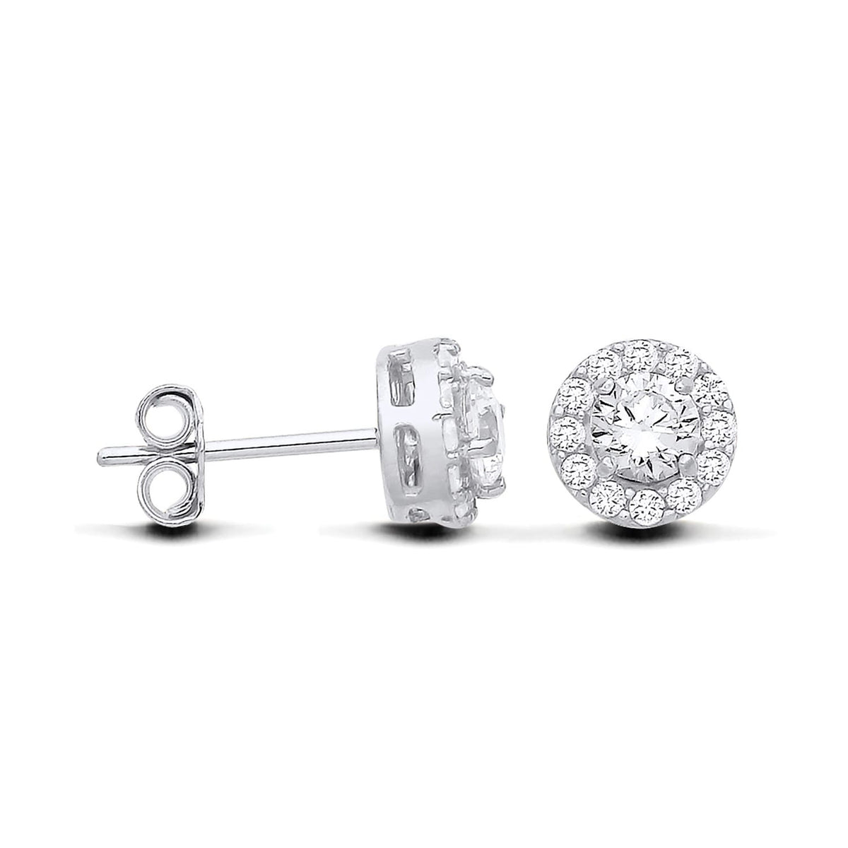 Sterling silver round cubic zirconia halo stud earrings displayed from front and side on a white background.