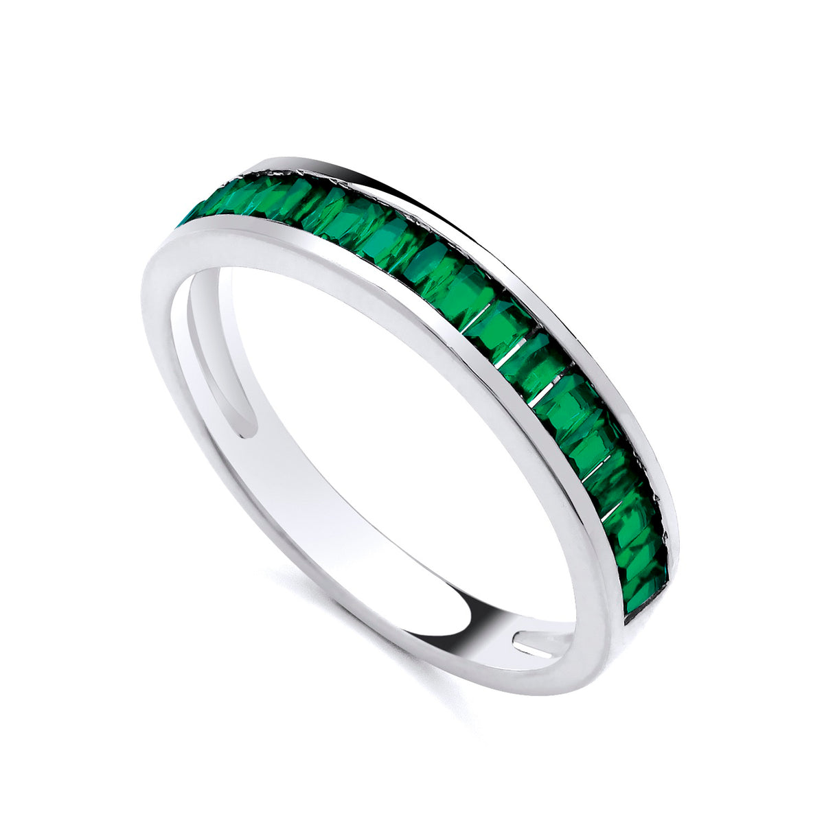 Sterling silver eternity ring by Silversmiths featuring channel-set simulated emerald baguette green stones.