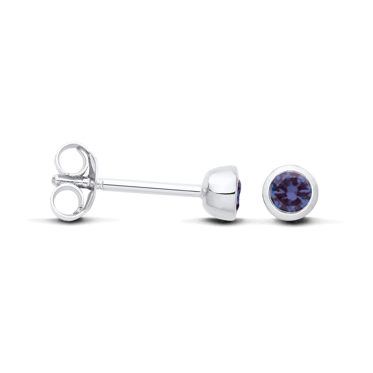 Silversmiths sterling silver stud earrings with 4mm simulated tanzanite in bezel setting, shown side and front.