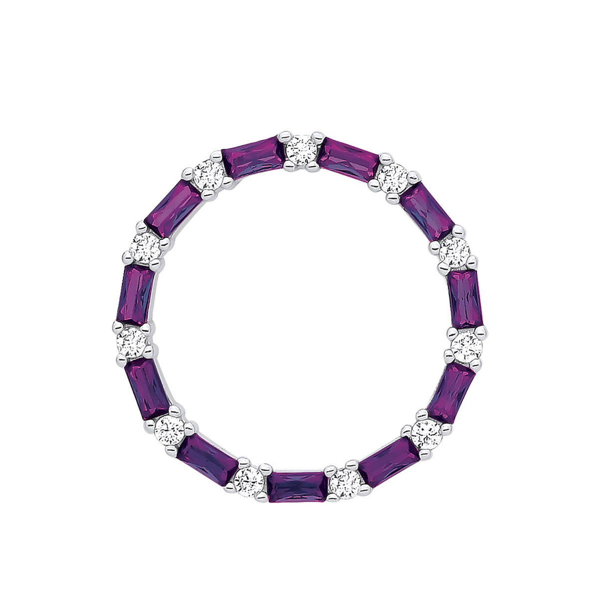 Sterling silver pendant featuring a circular design with alternating simulated amethyst and cubic zirconia baguettes.