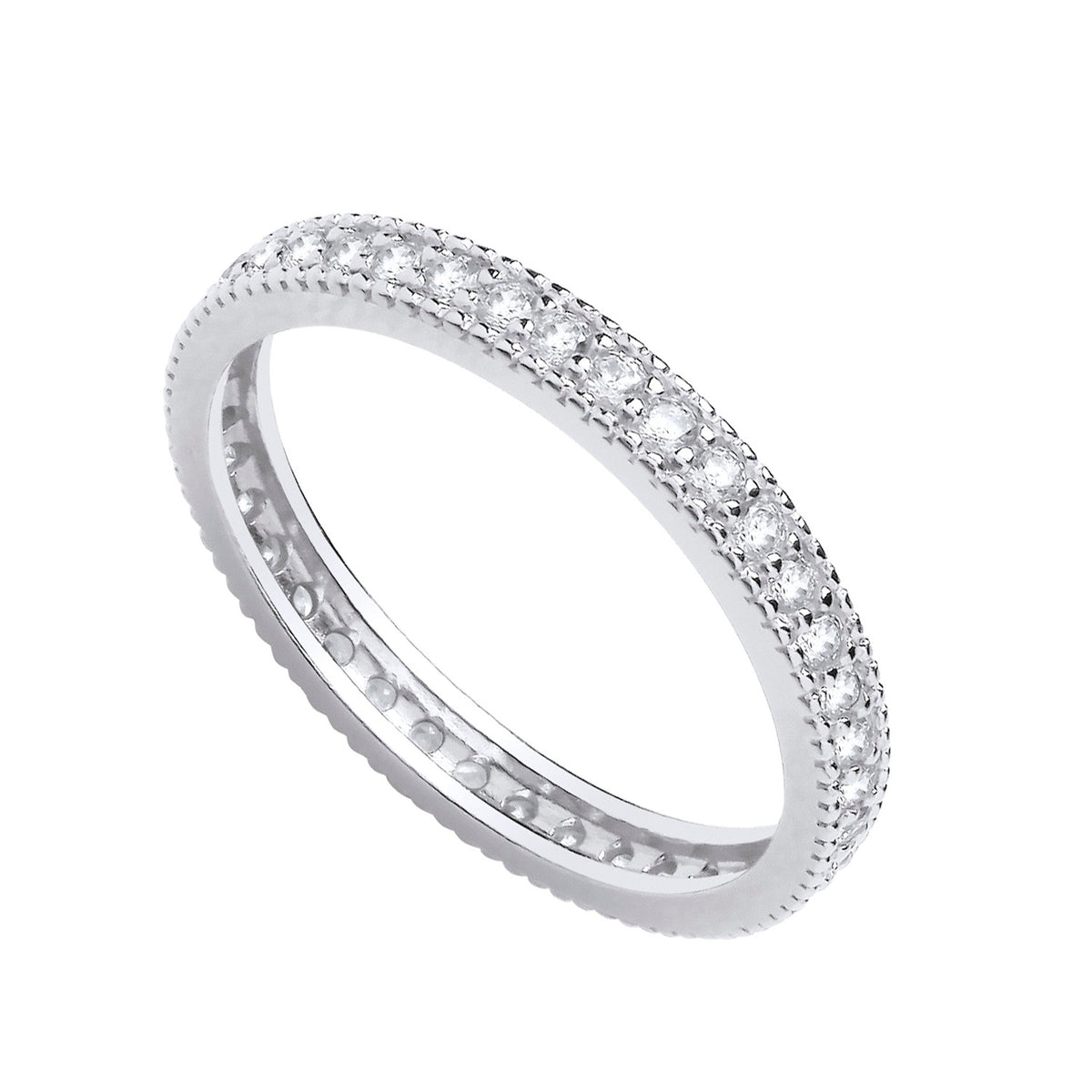 Sterling silver eternity ring featuring round-cut cubic zirconia and detailed milgrain edging by Silversmiths.