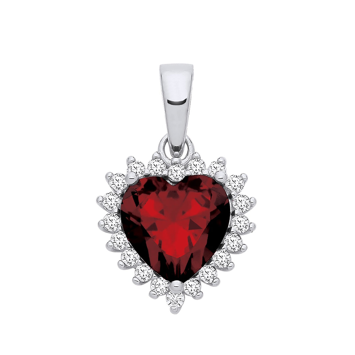 A Sterling Silver heart pendant with simulated ruby and cubic zirconia, displayed against a white background.