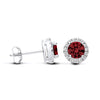 Sterling silver stud earrings with round simulated ruby centers and clear pavé stone halos.
