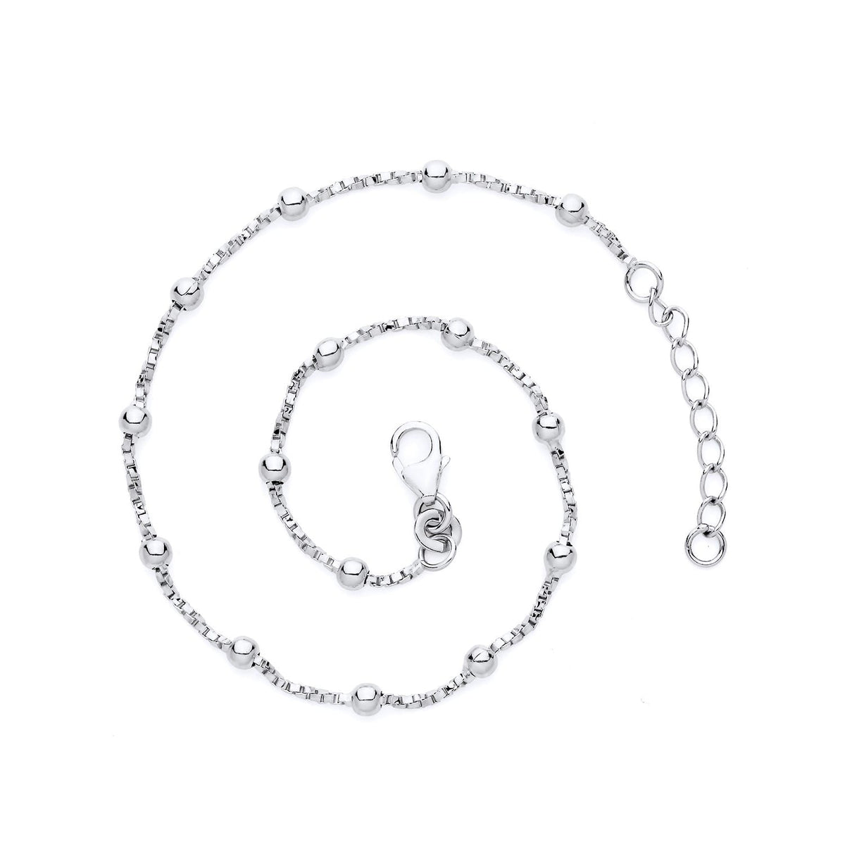 A sterling silver anklet features a twisted box chain, bead accents, lobster clasp, and extender, shown on white background.