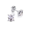A pair of Silversmiths sterling silver stud earrings with 5mm princess cut cubic zirconia, displayed on white.