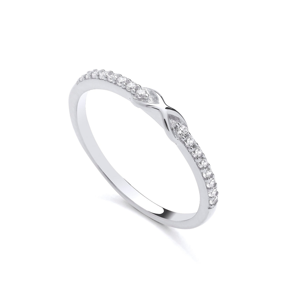 Sterling silver infinity ring with round cubic zirconia stones set on a twisted band.