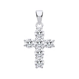 This sterling silver cross pendant has seven round cubic zirconia set in a simple, symmetrical pattern.